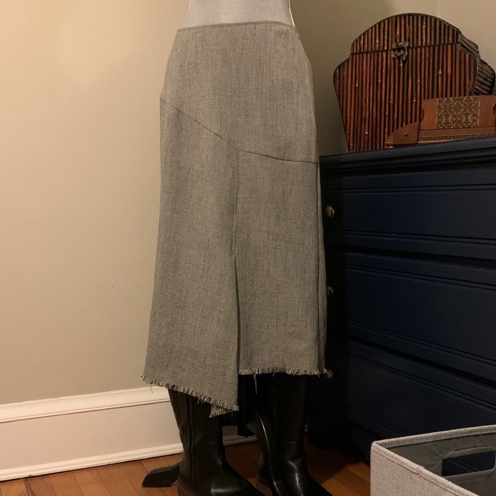 NWOT Tweed Midi Skirt with Asymmetrical Fringe Hem